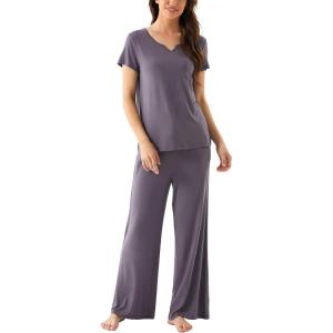 LazyCozy Women’s Bamboo Viscose Pajama Set – Short Sleeve and Long Pants for Cooling, Comfortable Sleep and Lounge(Dark Grey)