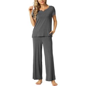 LazyCozy Women’s Bamboo Viscose Pajama Set – Short Sleeve and Long Pants for Cooling, Comfortable Sleep and Lounge(Dark Heather Grey)