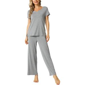 LazyCozy Women’s Bamboo Viscose Pajama Set – Short Sleeve and Long Pants for Cooling, Comfortable Sleep and Lounge(Heather Grey)