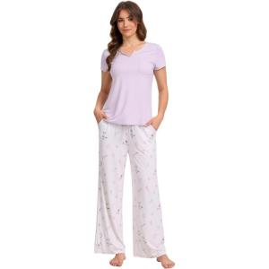 LazyCozy Women’s Bamboo Viscose Pajama Set – Short Sleeve and Long Pants for Cooling, Comfortable Sleep and Lounge(Mauve Ditsy Floral)