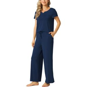 LazyCozy Women’s Bamboo Viscose Pajama Set – Short Sleeve and Long Pants for Cooling, Comfortable Sleep and Lounge(Navy)