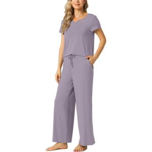 LazyCozy Women’s Bamboo Viscose Pajama Set – Short Sleeve and Long Pants for Cooling, Comfortable Sleep and Lounge(Violet)