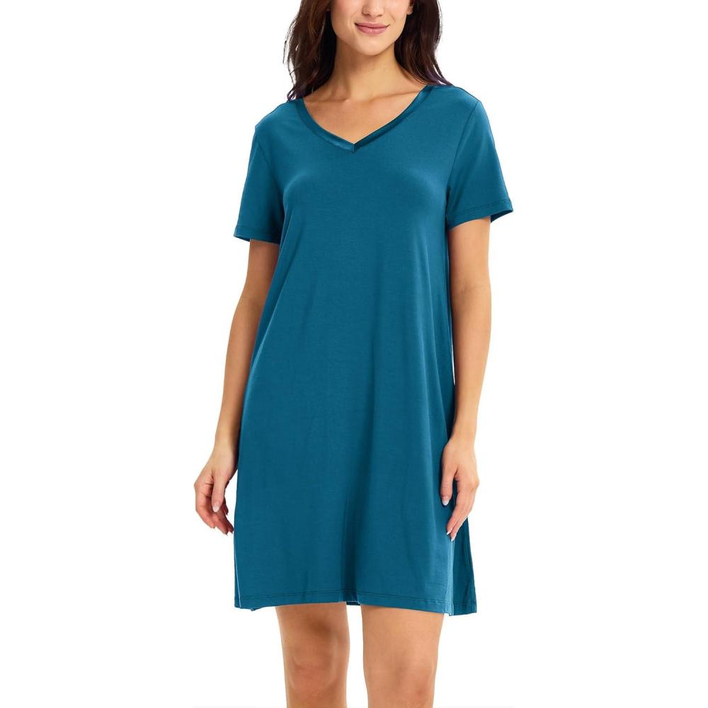 imageGYS Womens Bamboo Viscose Nightgown Silky Soft Lightweight Short Sleeve Sleep Dress with Satin VNeck for Hot SleepersTeal Blue