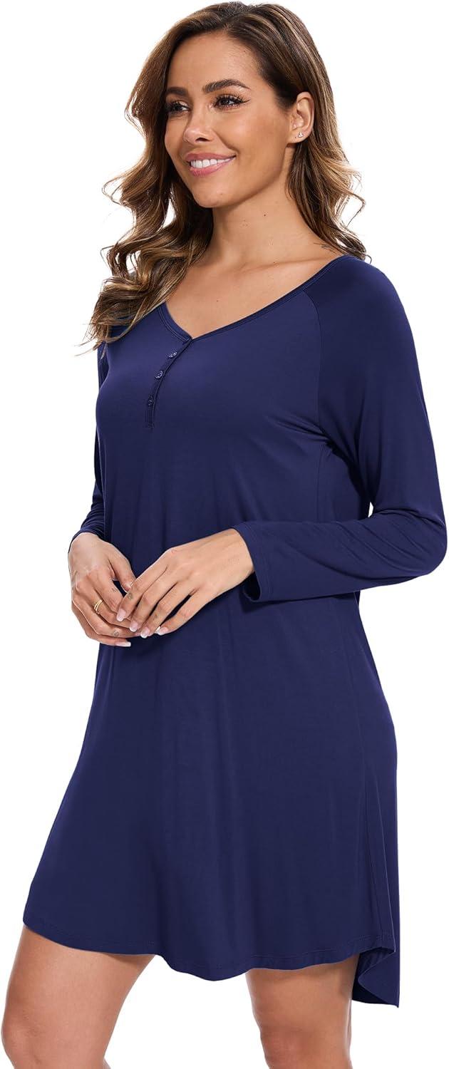 imageGYS Bamboo Viscose Womens Nightgowns Soft and Comfy VNeck Long Sleeve SleepwearNavy