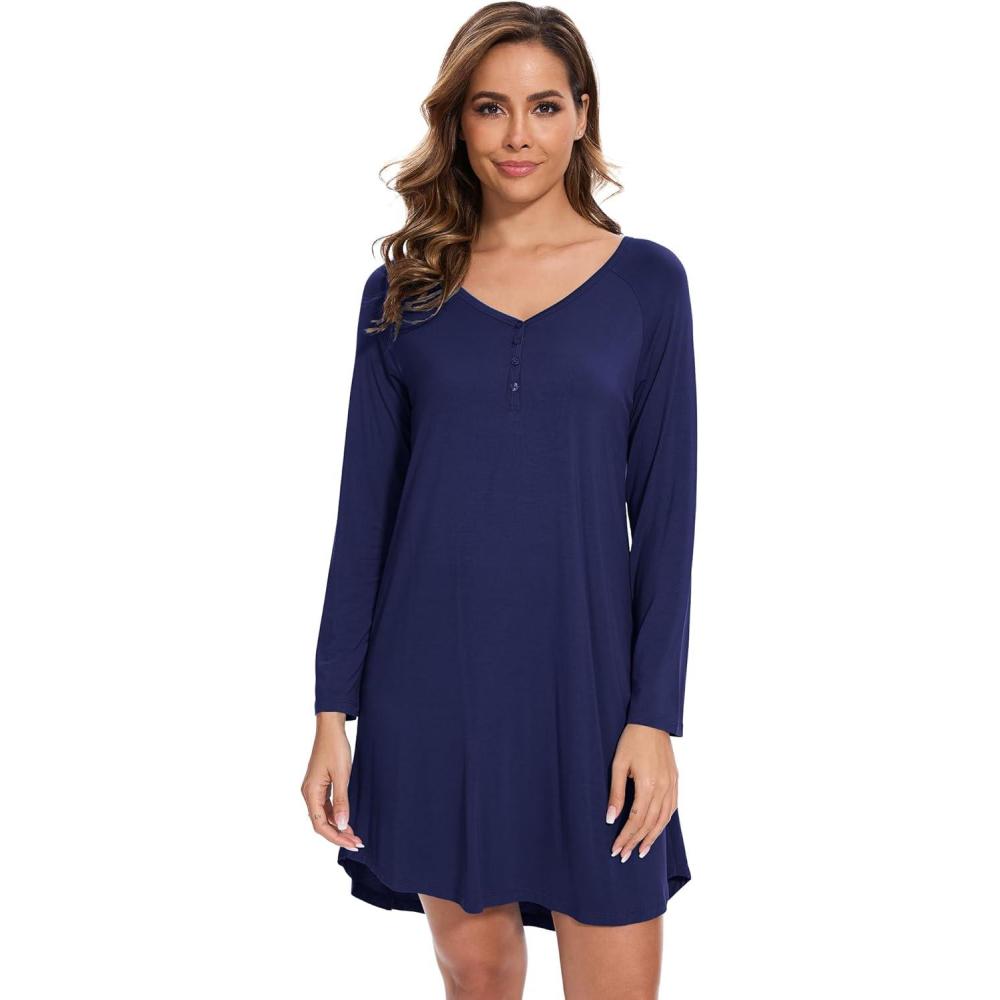 imageGYS Bamboo Viscose Womens Nightgowns Soft and Comfy VNeck Long Sleeve SleepwearNavy