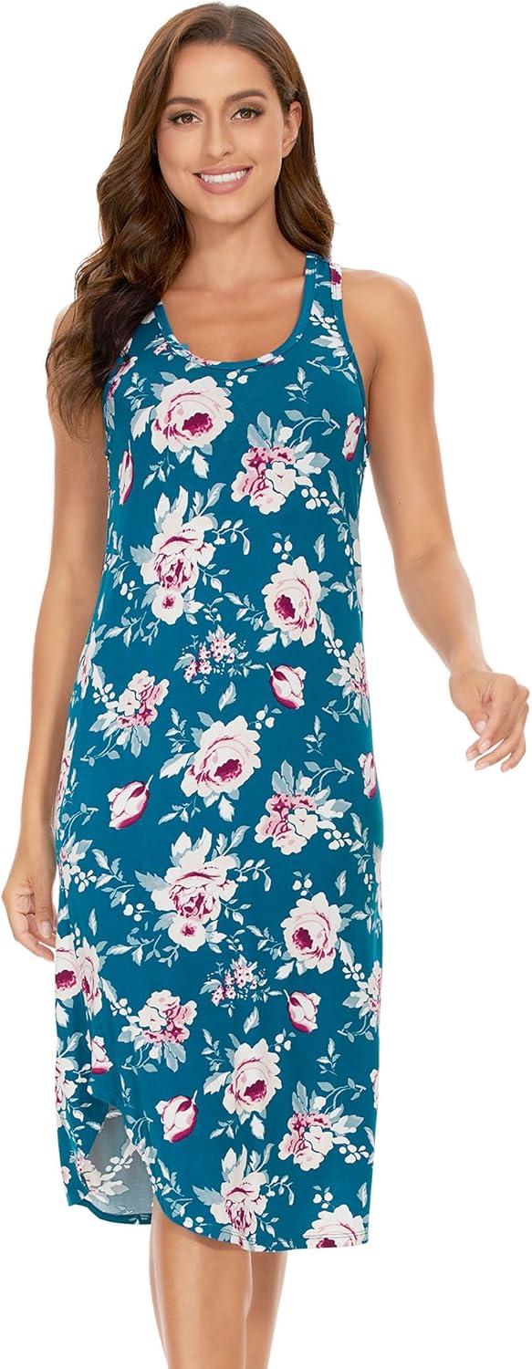 imageGYS Womens Bamboo Viscose Nightgown Soft Sleeveless Sleepshirt Summer Racerback Tank Sleep DressTeal Blue Peony