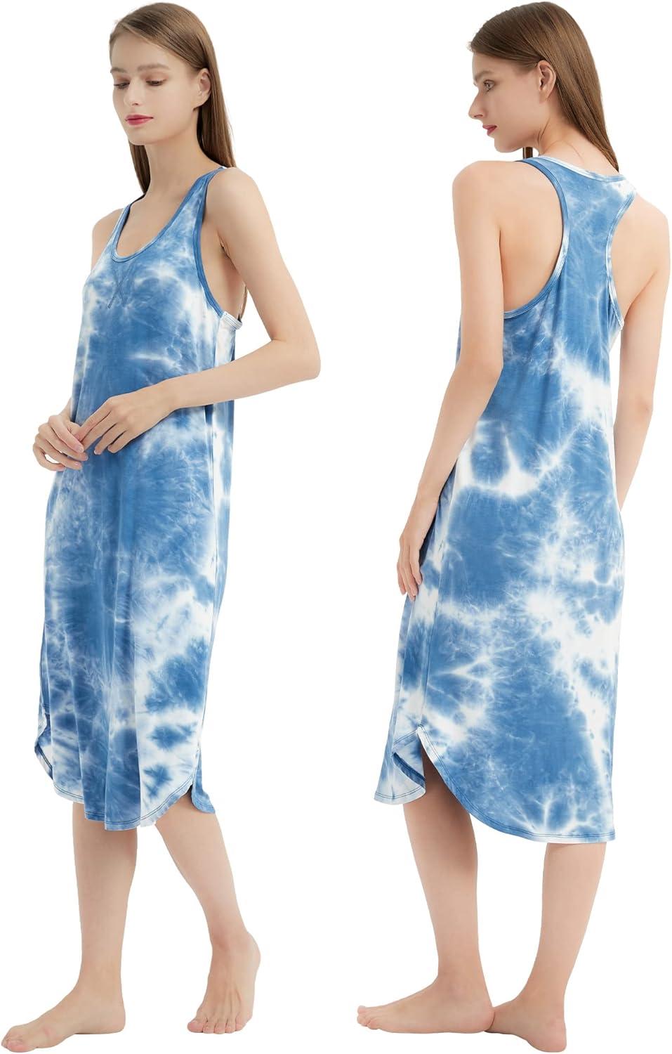 imageGYS Womens Bamboo Viscose Nightgown Soft Sleeveless Sleepshirt Summer Racerback Tank Sleep DressTiedye Blue