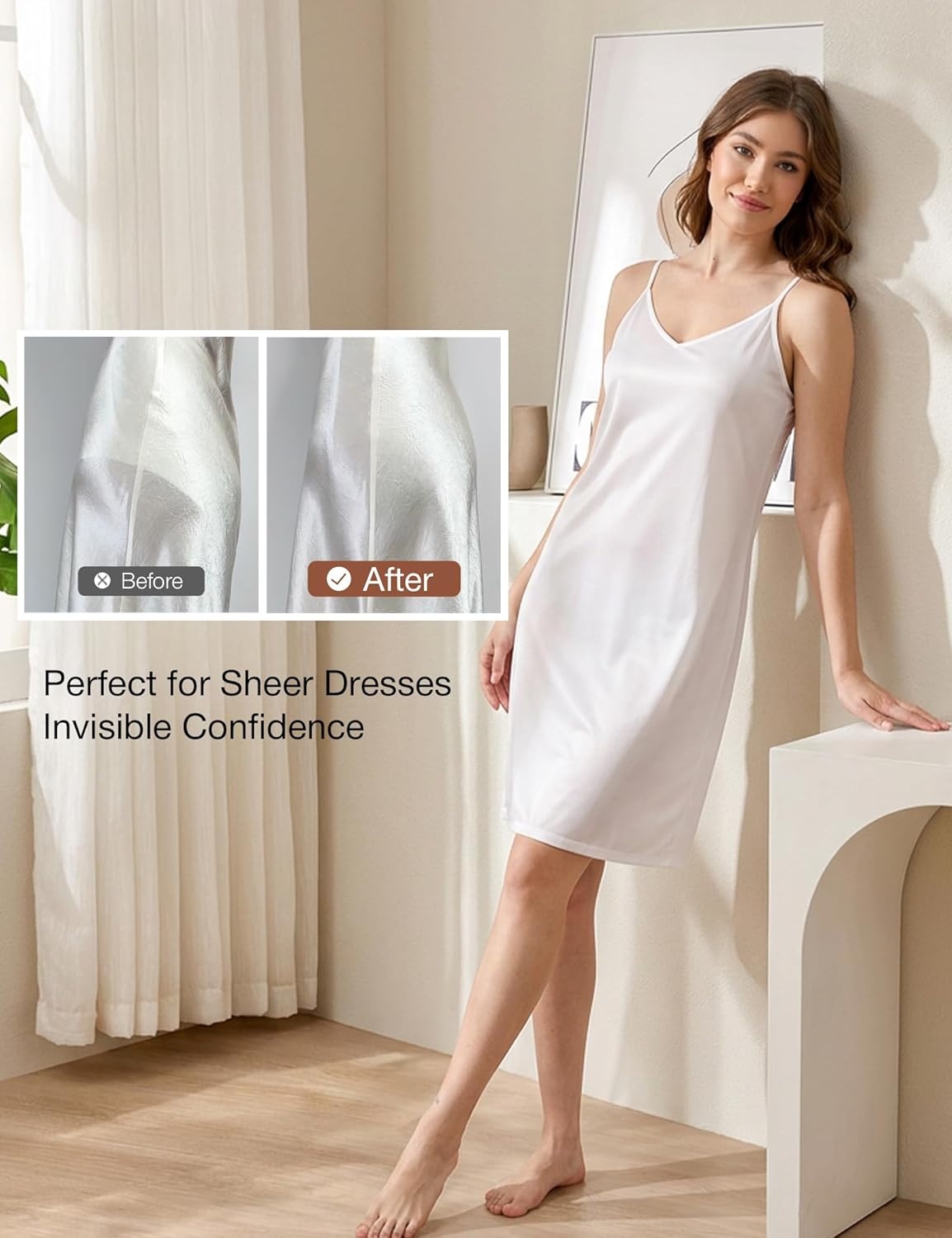 imageGYS Full Slip for Women Under Dress Non Cling AntiStatic Adjustable Spaghetti Strap Basic Cami Slip Dress White Large