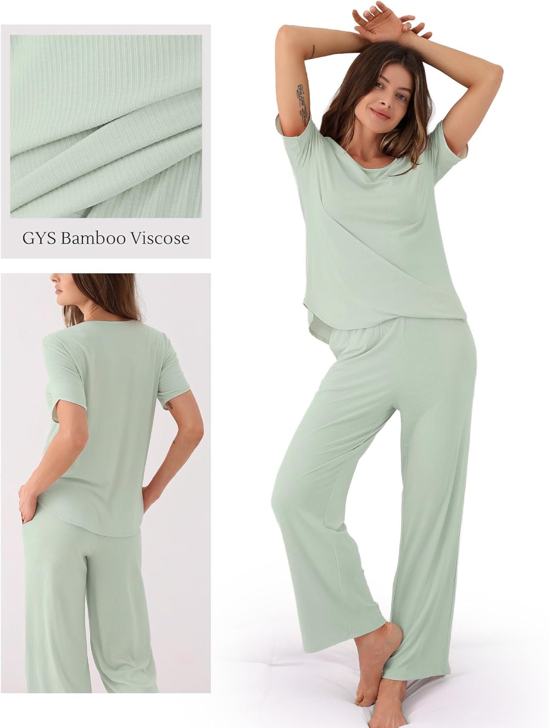 image:imageGYS Bamboo Viscose Womens Pajama Sets MoistureWicking Short Sleeve Sleep Set with Pocket Sleepwear for Nightly ComfortLight Green