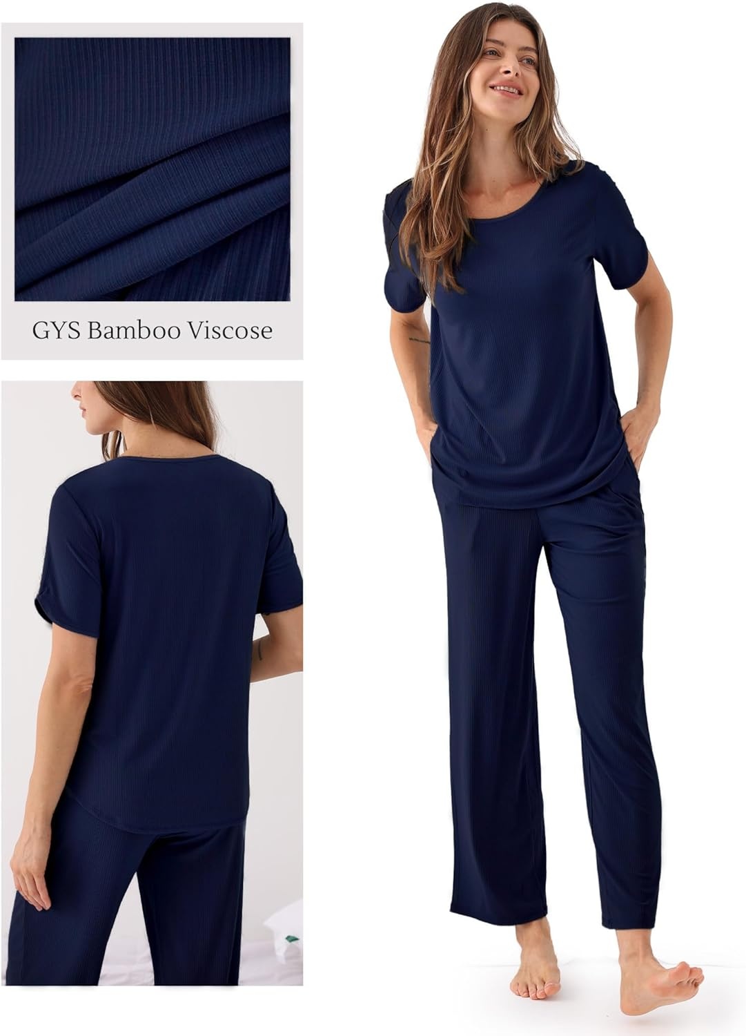 image:imageGYS Bamboo Viscose Womens Pajama Sets MoistureWicking Short Sleeve Sleep Set with Pocket Sleepwear for Nightly ComfortNavy