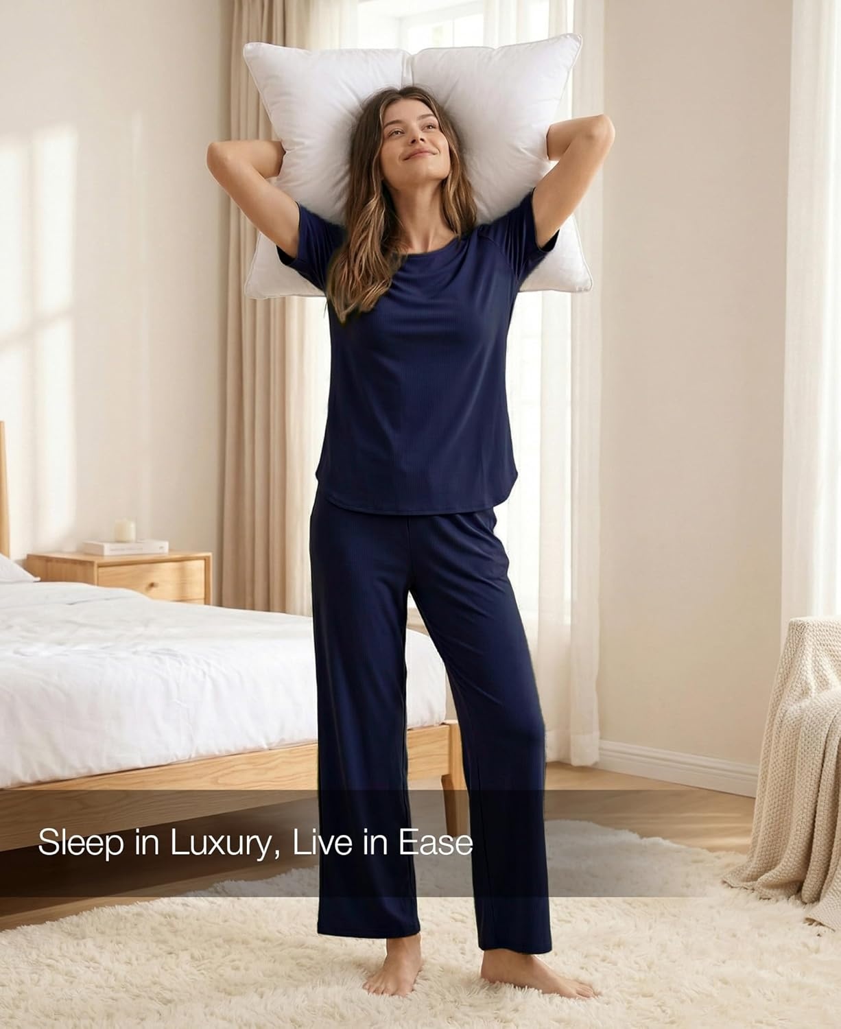 image:imageGYS Bamboo Viscose Womens Pajama Sets MoistureWicking Short Sleeve Sleep Set with Pocket Sleepwear for Nightly ComfortNavy
