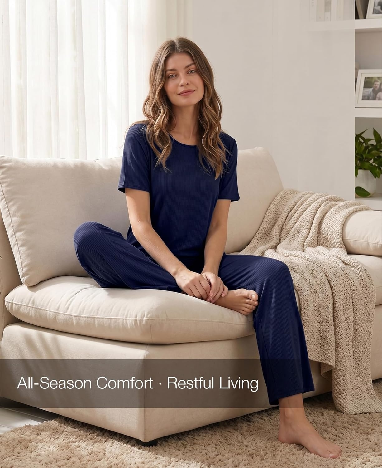 image:imageGYS Bamboo Viscose Womens Pajama Sets MoistureWicking Short Sleeve Sleep Set with Pocket Sleepwear for Nightly ComfortNavy
