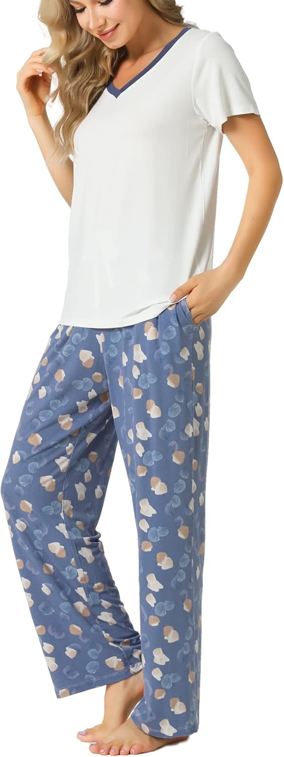 image:imageGYS Womens Bamboo Viscose Pajama Sets Cooling Short Sleeve Sleepwear for Hot Sleepers Silky Soft Summer Vneck Lounge PjsAiry Blue