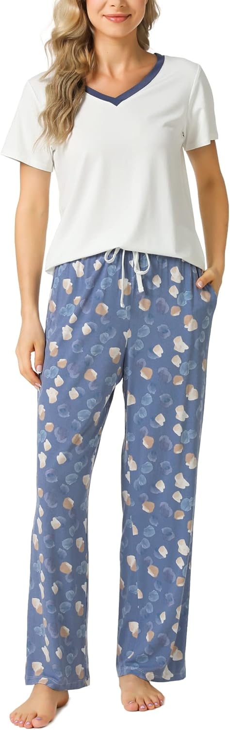 image:imageGYS Womens Bamboo Viscose Pajama Sets Cooling Short Sleeve Sleepwear for Hot Sleepers Silky Soft Summer Vneck Lounge PjsAiry Blue