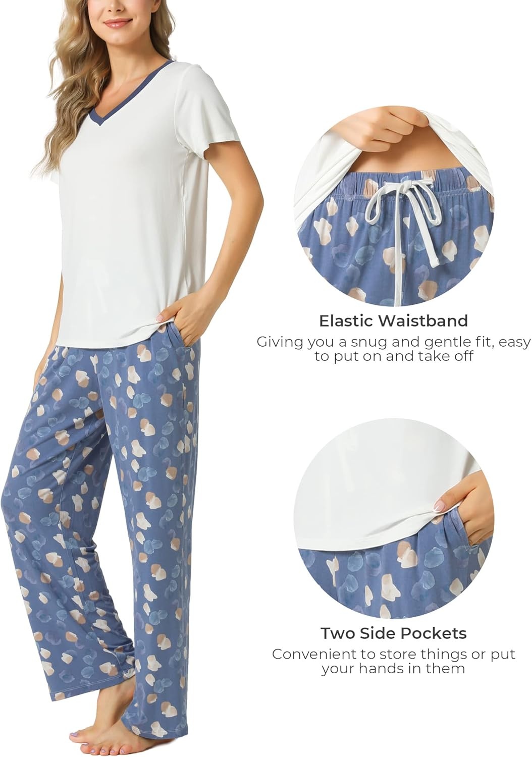 image:imageGYS Womens Bamboo Viscose Pajama Sets Cooling Short Sleeve Sleepwear for Hot Sleepers Silky Soft Summer Vneck Lounge PjsAiry Blue