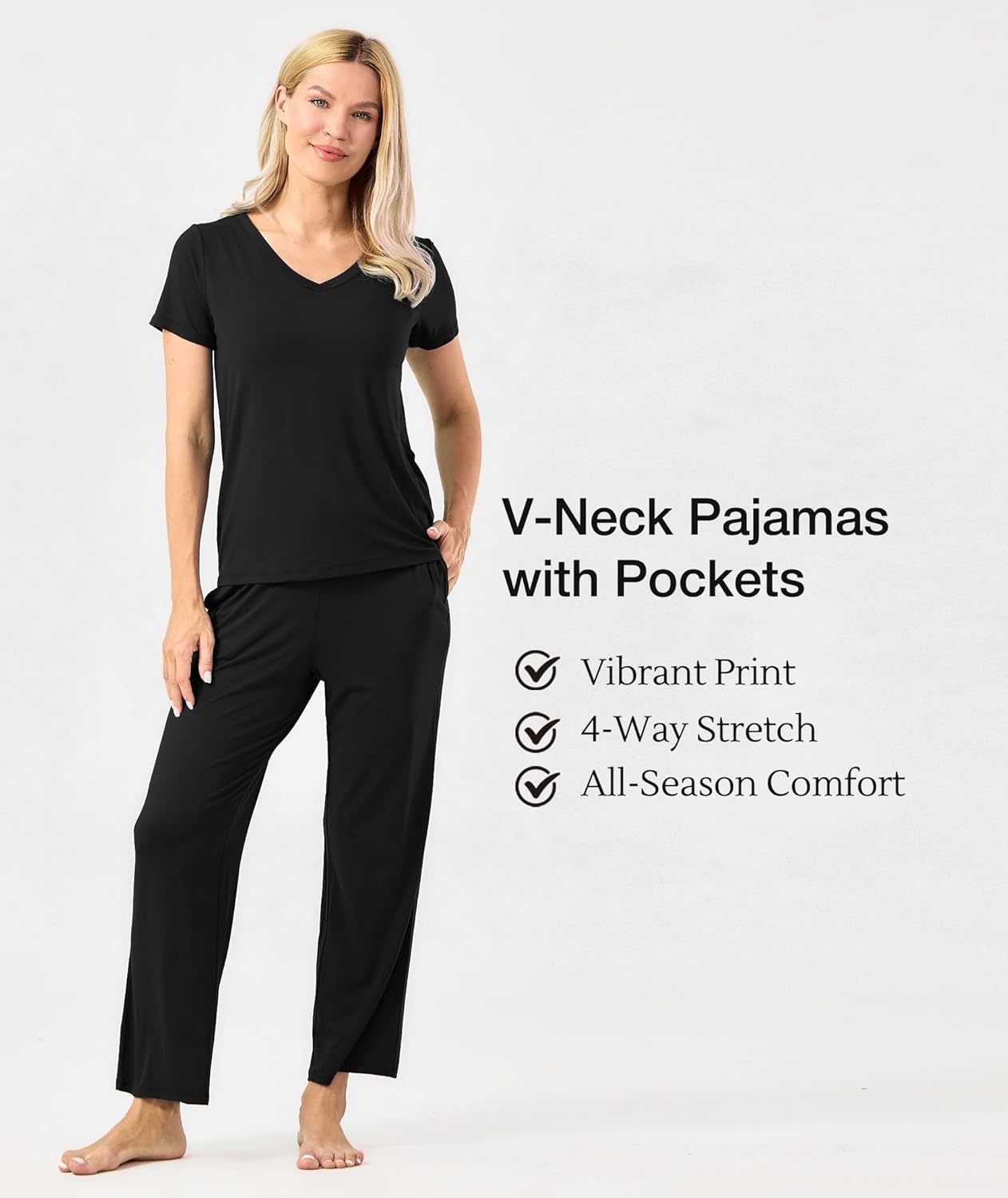 image:imageGYS Womens Bamboo Viscose Pajama Sets Cooling Short Sleeve Sleepwear for Hot Sleepers Silky Soft Summer Vneck Lounge PjsBlack