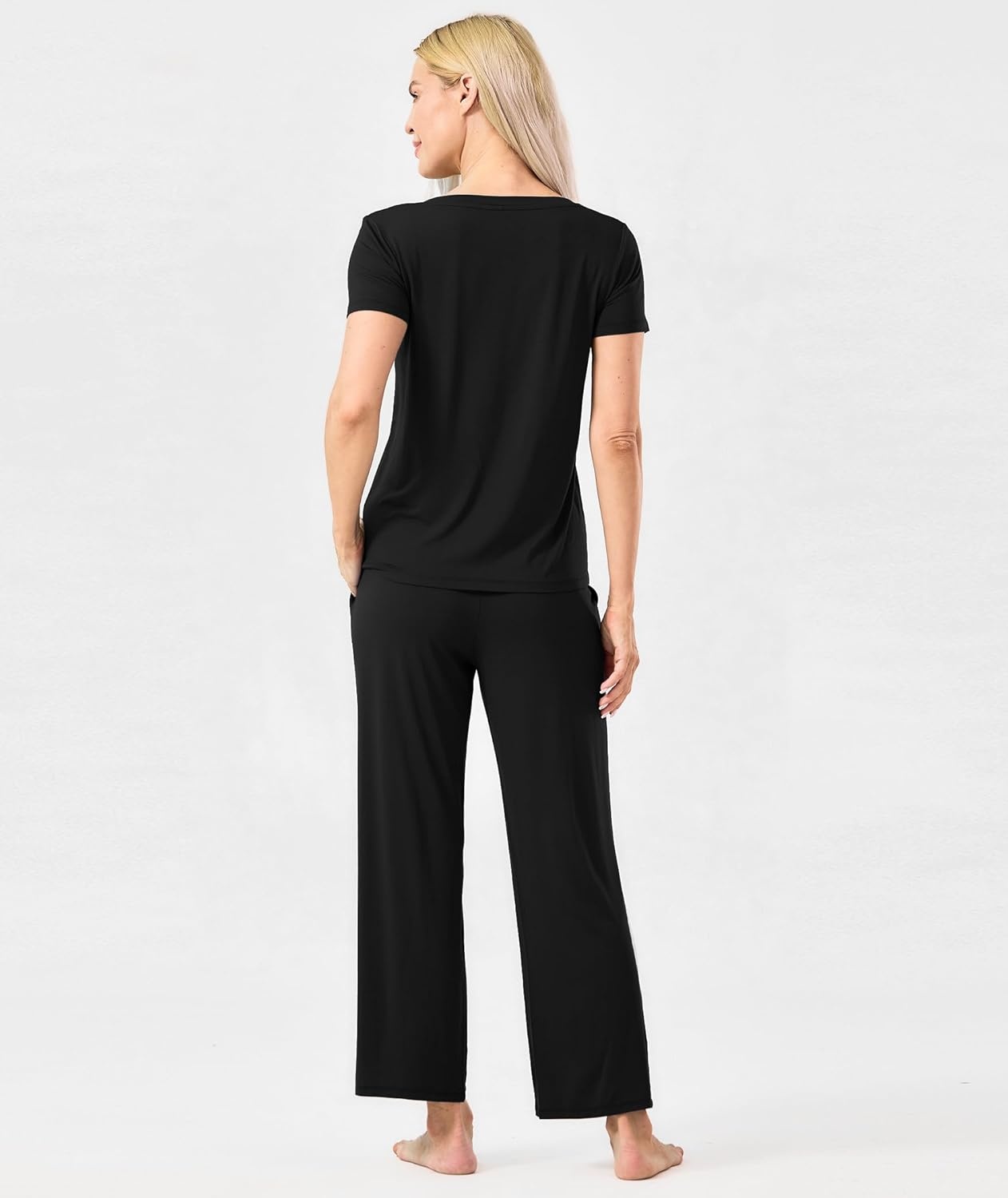 image:imageGYS Womens Bamboo Viscose Pajama Sets Cooling Short Sleeve Sleepwear for Hot Sleepers Silky Soft Summer Vneck Lounge PjsBlack