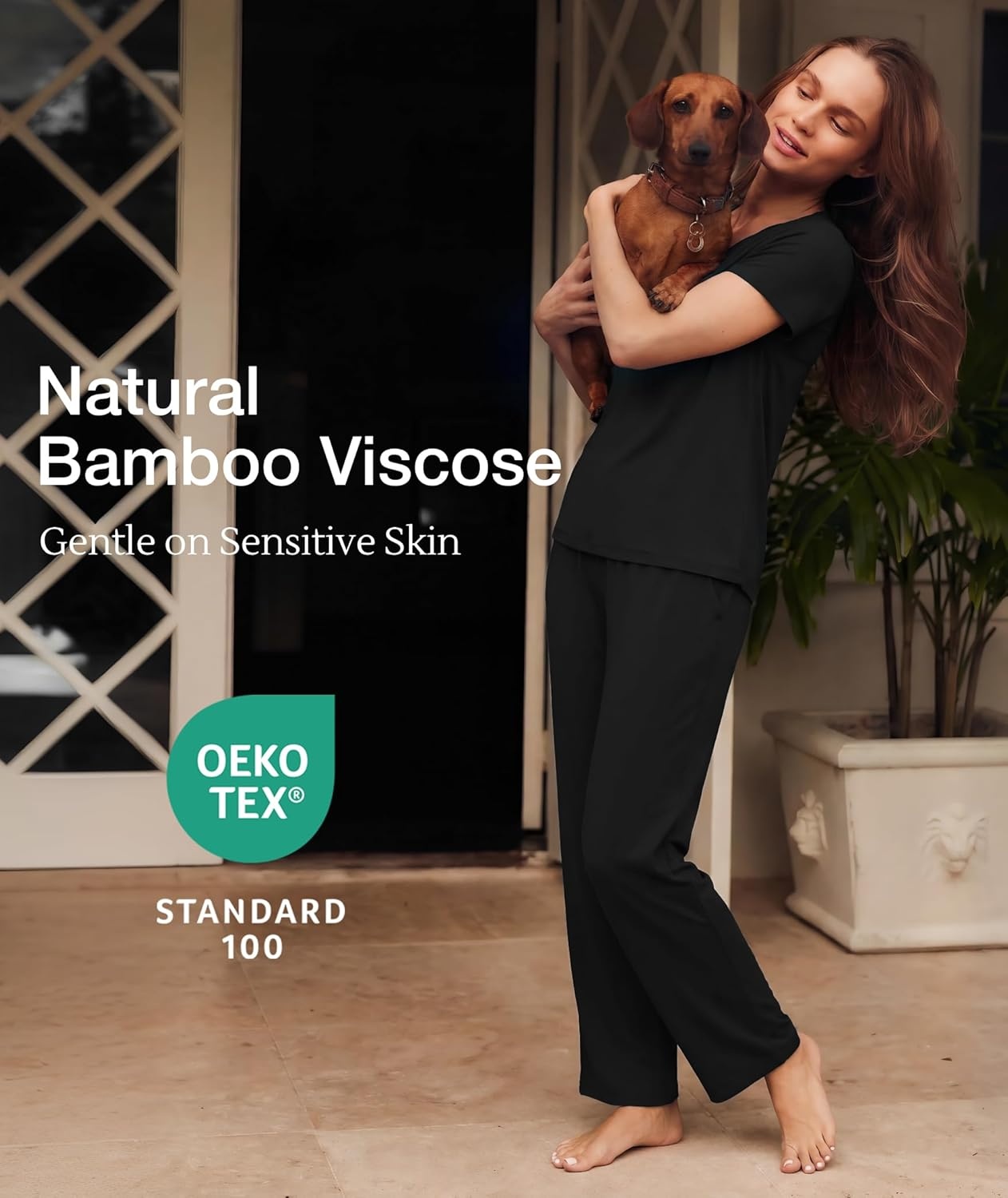 image:imageGYS Womens Bamboo Viscose Pajama Sets Cooling Short Sleeve Sleepwear for Hot Sleepers Silky Soft Summer Vneck Lounge PjsBlack