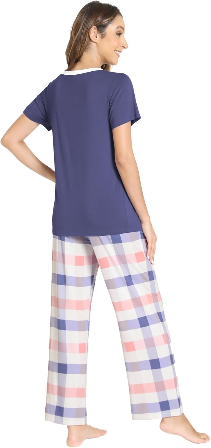 image:imageGYS Womens Bamboo Viscose Pajama Sets Cooling Short Sleeve Sleepwear for Hot Sleepers Silky Soft Summer Vneck Lounge PjsBlue Plaid