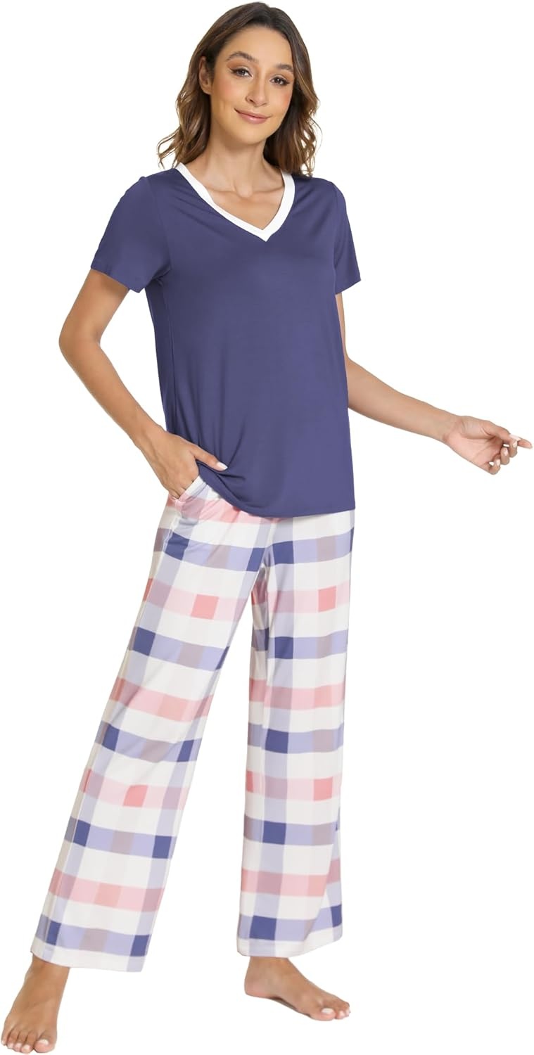image:imageGYS Womens Bamboo Viscose Pajama Sets Cooling Short Sleeve Sleepwear for Hot Sleepers Silky Soft Summer Vneck Lounge PjsBlue Plaid