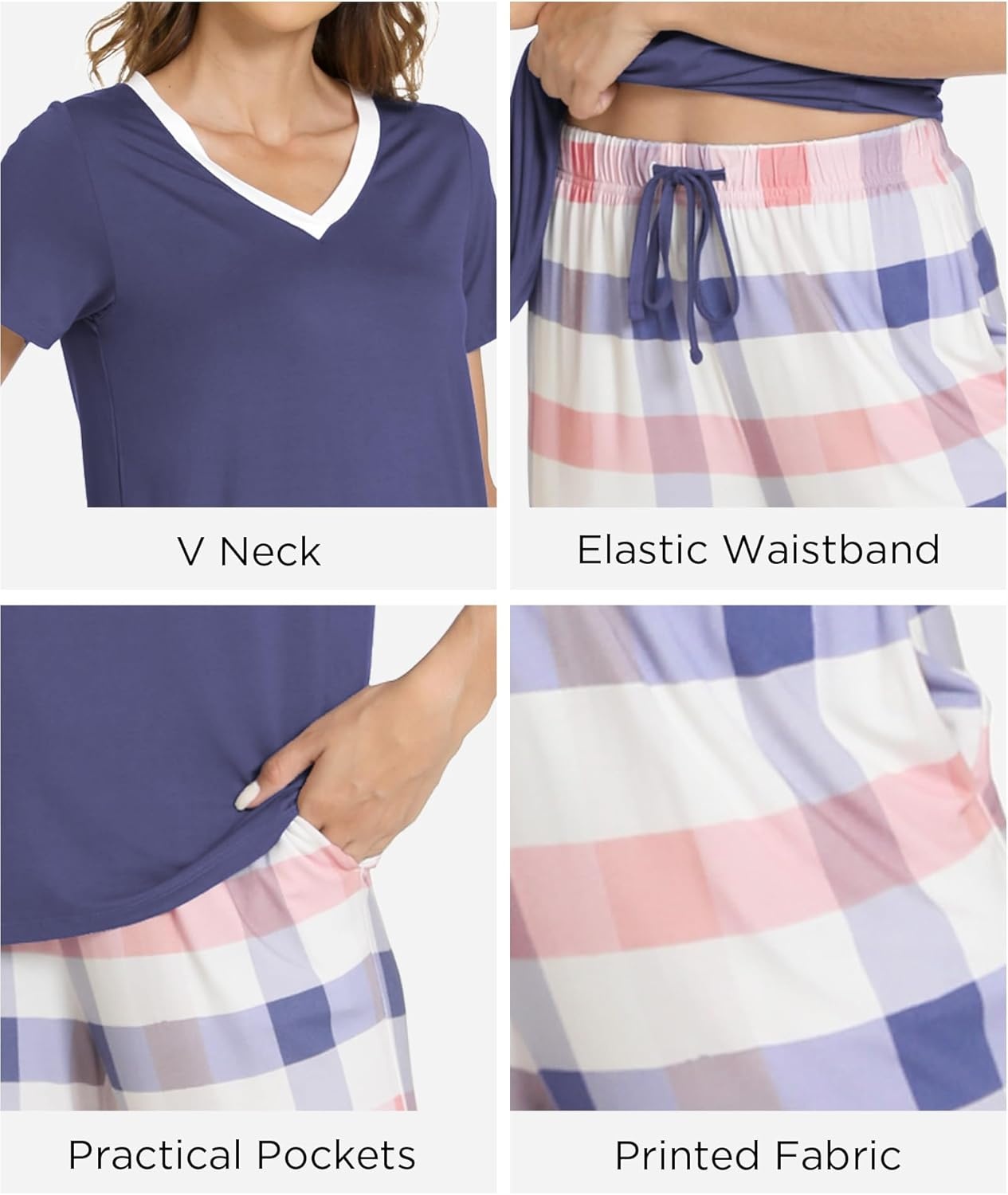 image:imageGYS Womens Bamboo Viscose Pajama Sets Cooling Short Sleeve Sleepwear for Hot Sleepers Silky Soft Summer Vneck Lounge PjsBlue Plaid