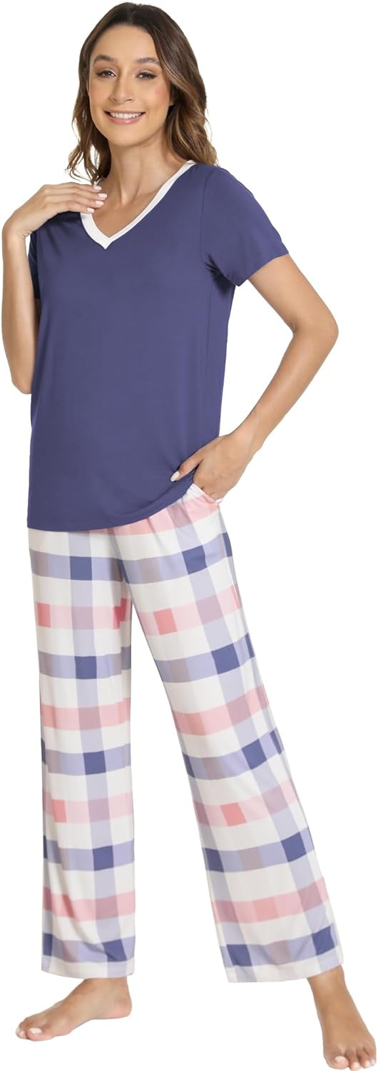 image:imageGYS Womens Bamboo Viscose Pajama Sets Cooling Short Sleeve Sleepwear for Hot Sleepers Silky Soft Summer Vneck Lounge PjsBlue Plaid