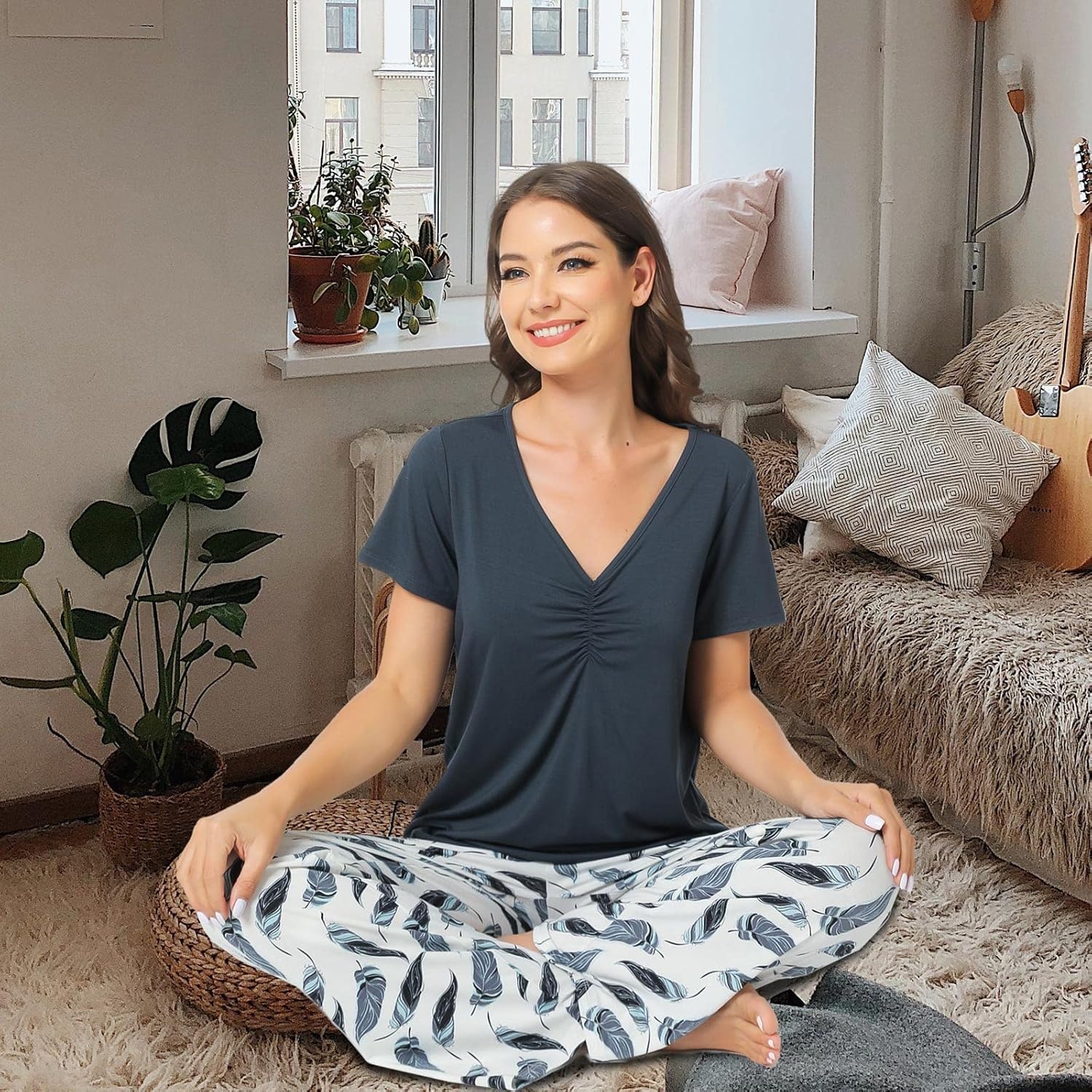image:imageGYS Womens Bamboo Viscose Pajama Sets Cooling Short Sleeve Sleepwear for Hot Sleepers Silky Soft Summer Vneck Lounge PjsBmidnight Blue