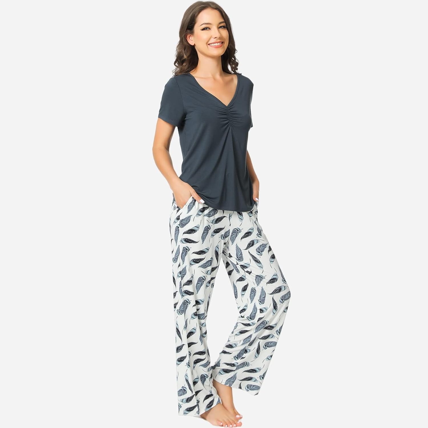 image:imageGYS Womens Bamboo Viscose Pajama Sets Cooling Short Sleeve Sleepwear for Hot Sleepers Silky Soft Summer Vneck Lounge PjsBmidnight Blue