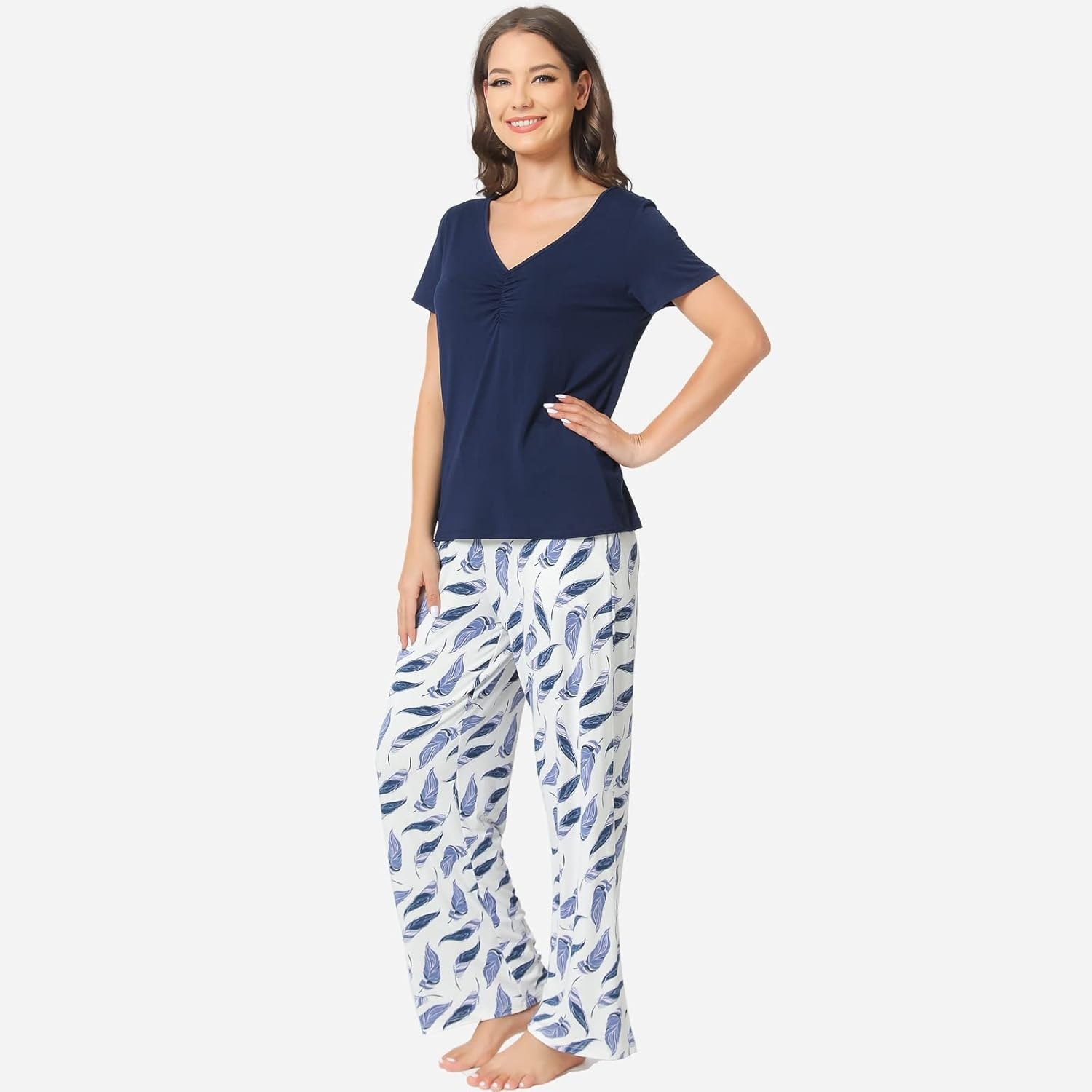 image:imageGYS Womens Bamboo Viscose Pajama Sets Cooling Short Sleeve Sleepwear for Hot Sleepers Silky Soft Summer Vneck Lounge PjsBnavy