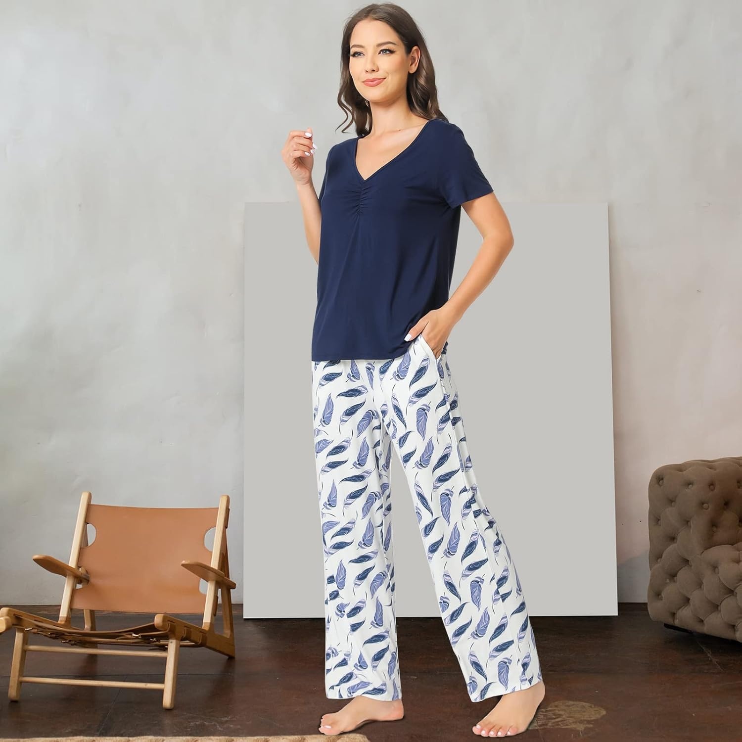 image:imageGYS Womens Bamboo Viscose Pajama Sets Cooling Short Sleeve Sleepwear for Hot Sleepers Silky Soft Summer Vneck Lounge PjsBnavy
