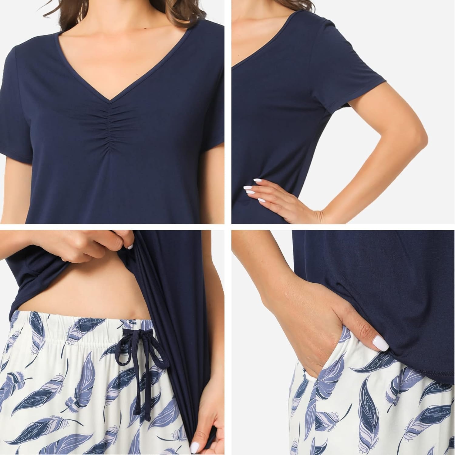 image:imageGYS Womens Bamboo Viscose Pajama Sets Cooling Short Sleeve Sleepwear for Hot Sleepers Silky Soft Summer Vneck Lounge PjsBnavy