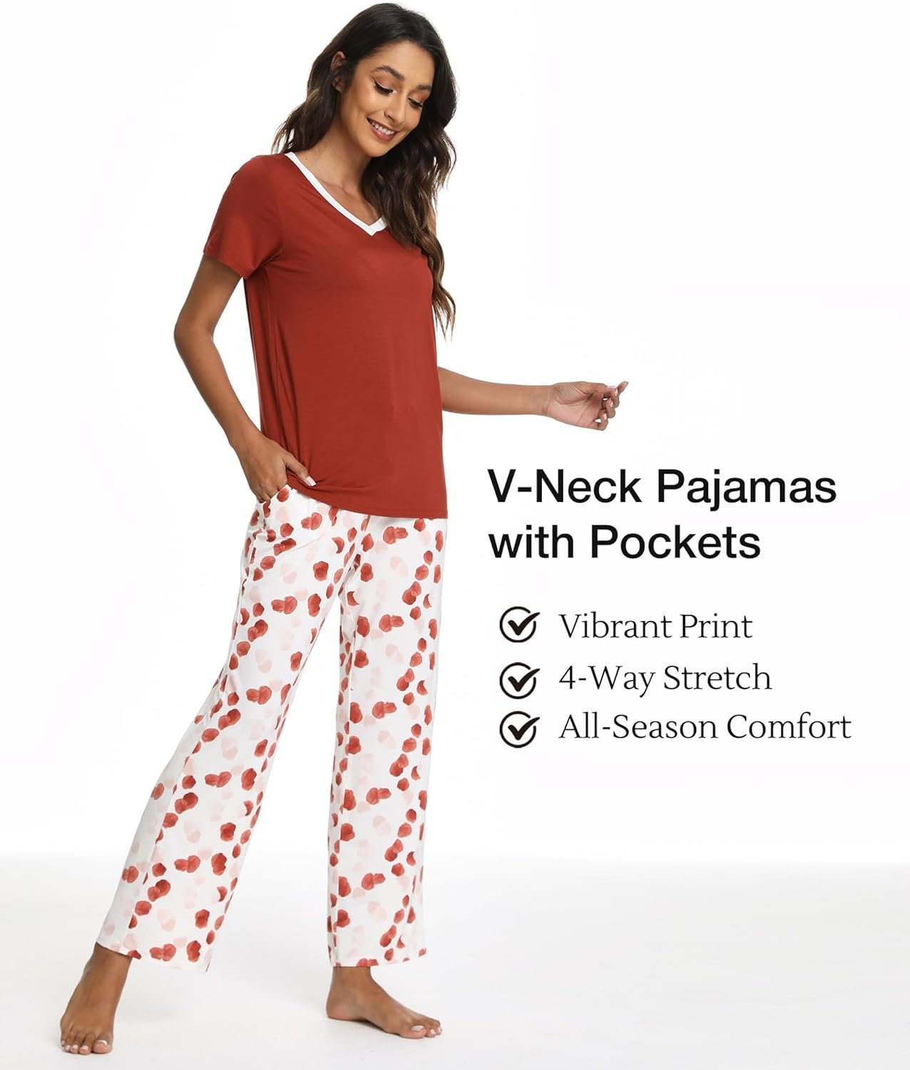 image:imageGYS Womens Bamboo Viscose Pajama Sets Cooling Short Sleeve Sleepwear for Hot Sleepers Silky Soft Summer Vneck Lounge PjsBrick Red