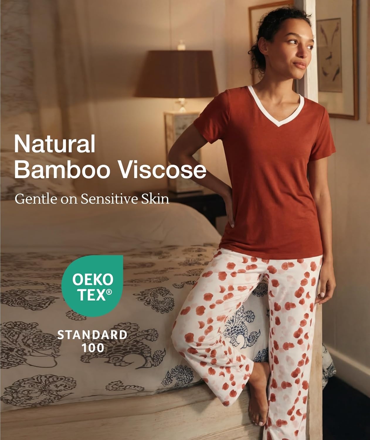 image:imageGYS Womens Bamboo Viscose Pajama Sets Cooling Short Sleeve Sleepwear for Hot Sleepers Silky Soft Summer Vneck Lounge PjsBrick Red
