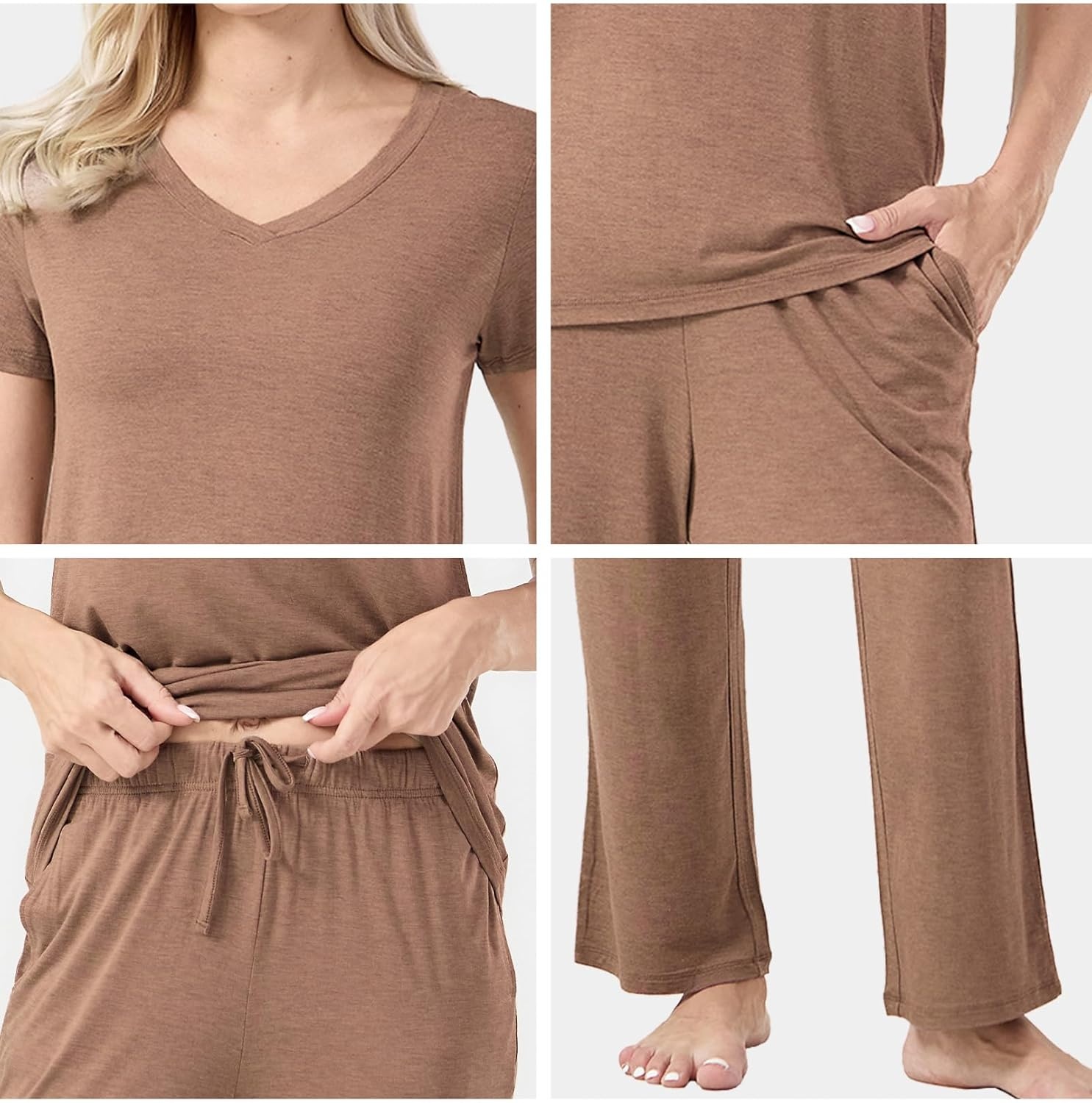 image:imageGYS Womens Bamboo Viscose Pajama Sets Cooling Short Sleeve Sleepwear for Hot Sleepers Silky Soft Summer Vneck Lounge PjsCamel