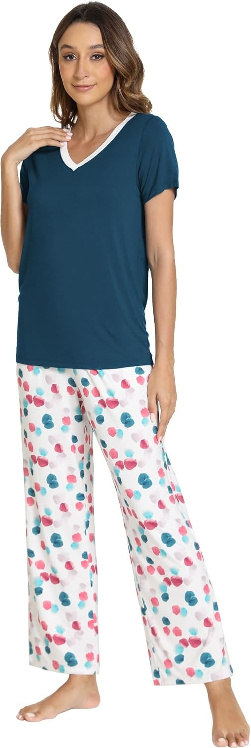 image:imageGYS Womens Bamboo Viscose Pajama Sets Cooling Short Sleeve Sleepwear for Hot Sleepers Silky Soft Summer Vneck Lounge PjsDeep Pink Dots