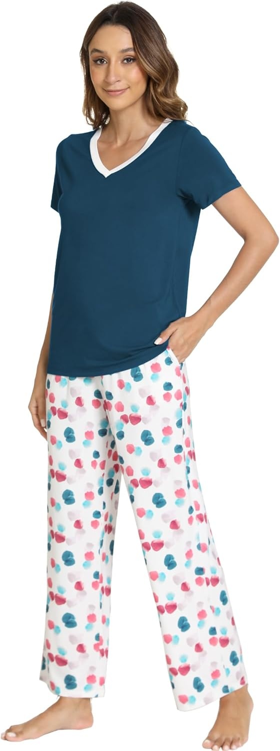image:imageGYS Womens Bamboo Viscose Pajama Sets Cooling Short Sleeve Sleepwear for Hot Sleepers Silky Soft Summer Vneck Lounge PjsDeep Pink Dots