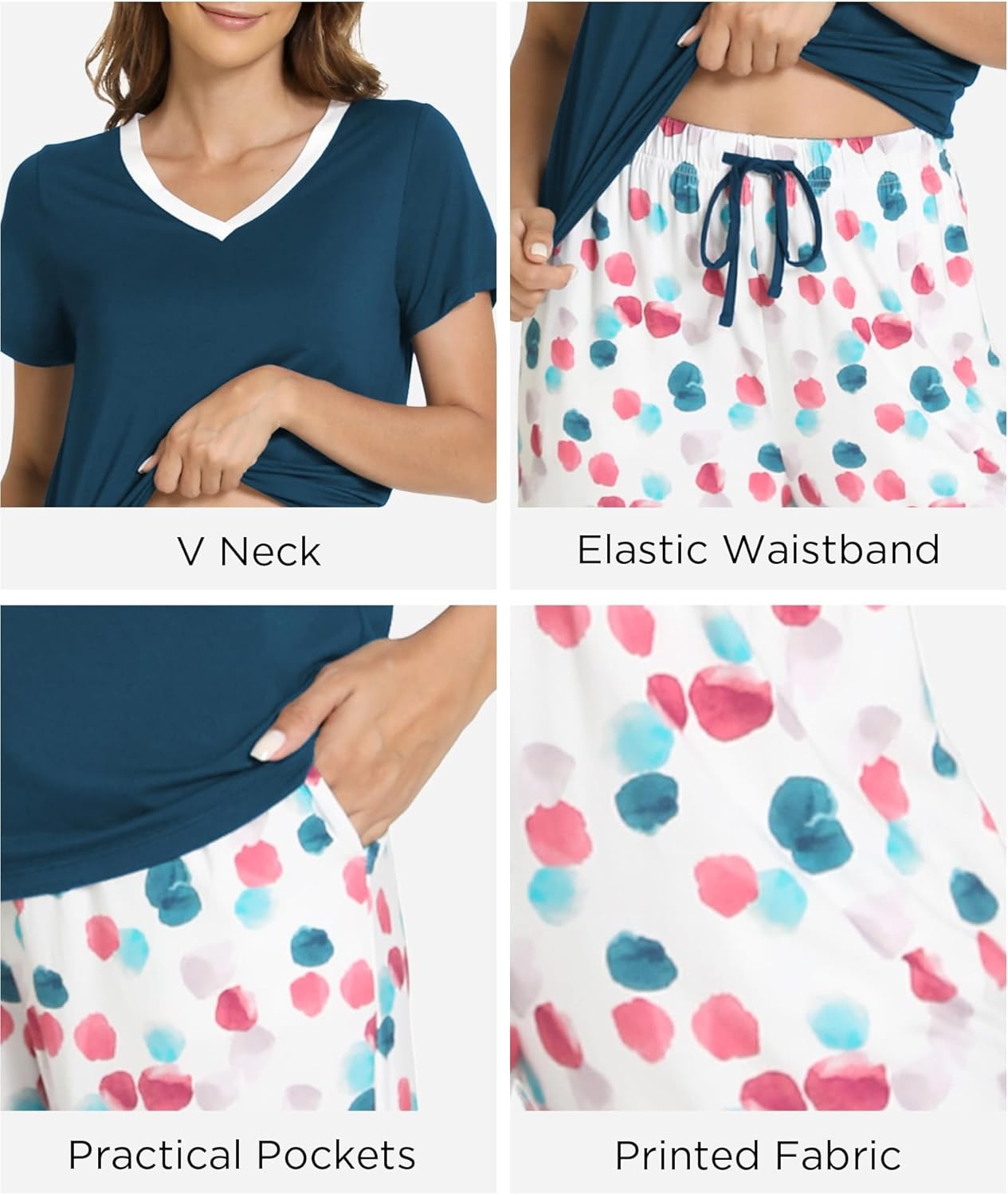 image:imageGYS Womens Bamboo Viscose Pajama Sets Cooling Short Sleeve Sleepwear for Hot Sleepers Silky Soft Summer Vneck Lounge PjsDeep Pink Dots