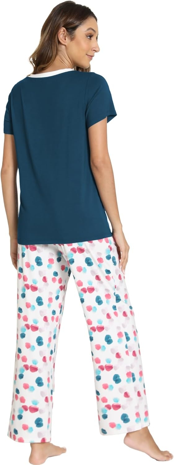 image:imageGYS Womens Bamboo Viscose Pajama Sets Cooling Short Sleeve Sleepwear for Hot Sleepers Silky Soft Summer Vneck Lounge PjsDeep Pink Dots