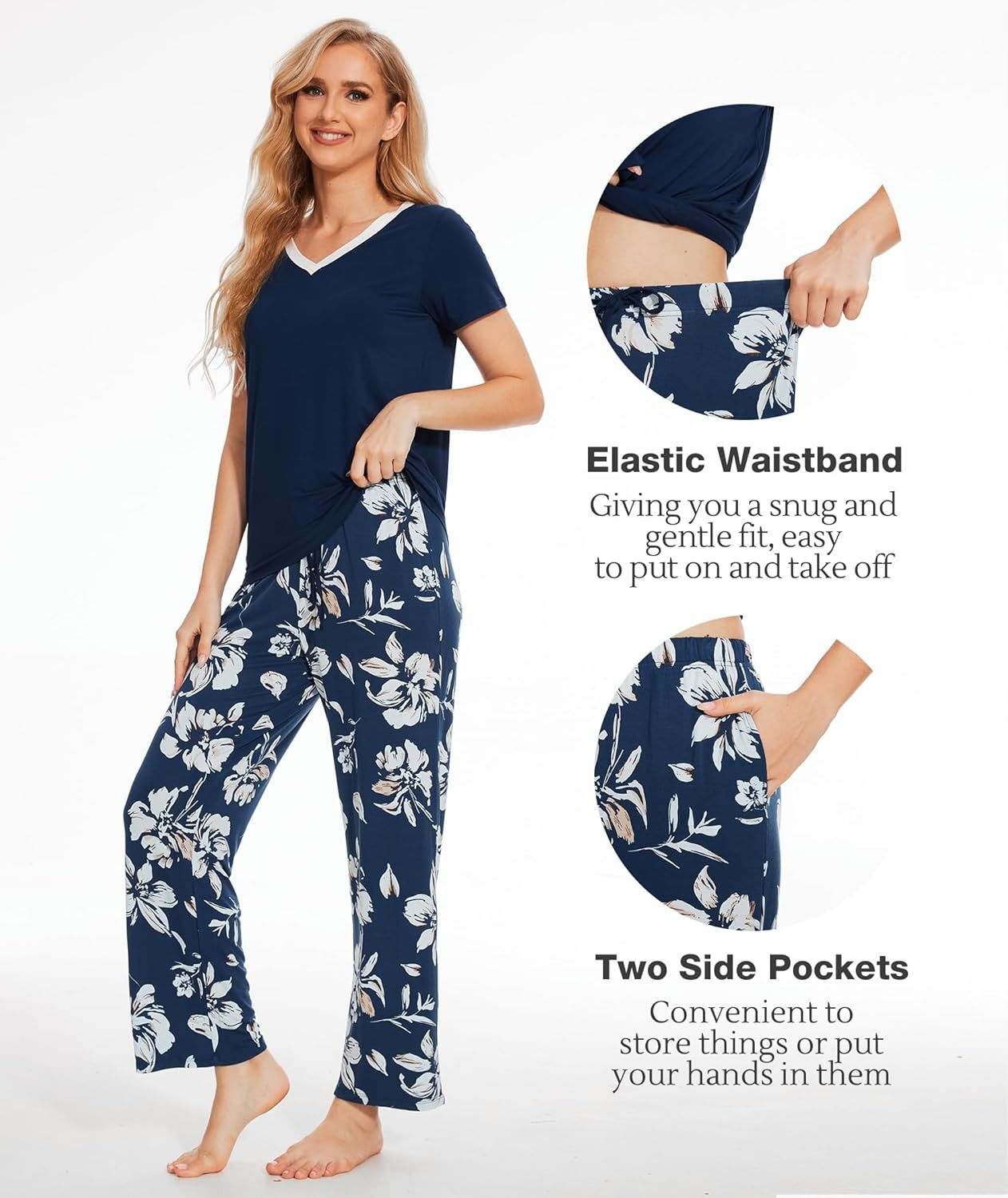 image:imageGYS Womens Bamboo Viscose Pajama Sets Cooling Short Sleeve Sleepwear for Hot Sleepers Silky Soft Summer Vneck Lounge PjsInk Blue Flowers