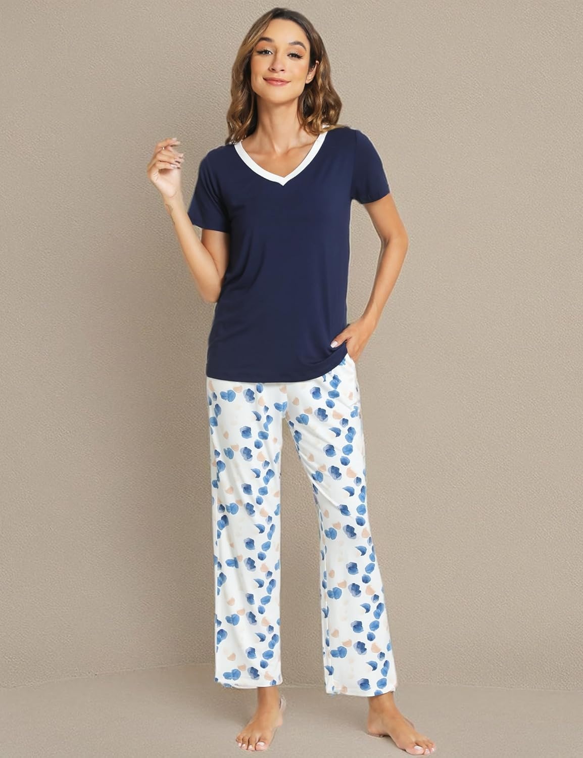 image:imageGYS Womens Bamboo Viscose Pajama Sets Cooling Short Sleeve Sleepwear for Hot Sleepers Silky Soft Summer Vneck Lounge PjsNavy