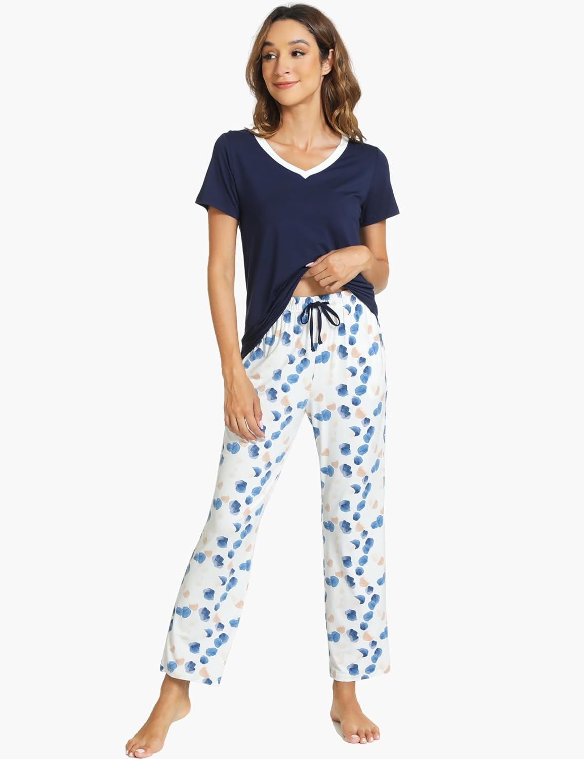 image:imageGYS Womens Bamboo Viscose Pajama Sets Cooling Short Sleeve Sleepwear for Hot Sleepers Silky Soft Summer Vneck Lounge PjsNavy