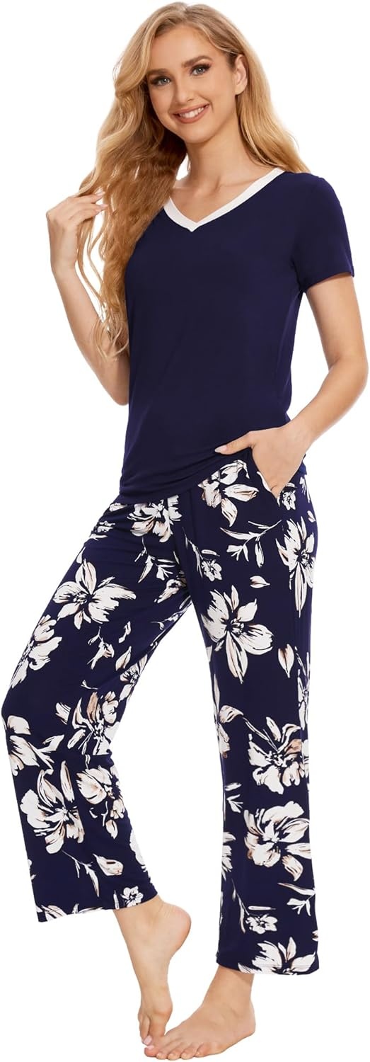 image:imageGYS Womens Bamboo Viscose Pajama Sets Cooling Short Sleeve Sleepwear for Hot Sleepers Silky Soft Summer Vneck Lounge PjsNavy Flowers