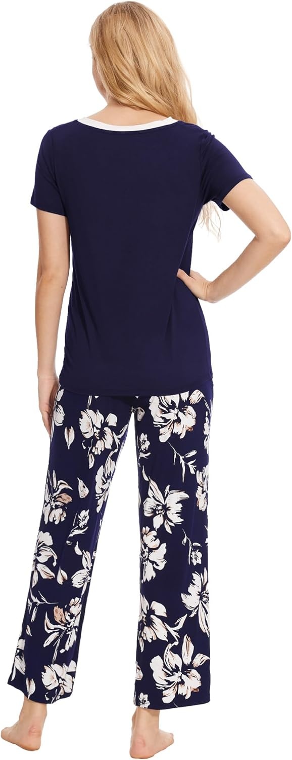image:imageGYS Womens Bamboo Viscose Pajama Sets Cooling Short Sleeve Sleepwear for Hot Sleepers Silky Soft Summer Vneck Lounge PjsNavy Flowers