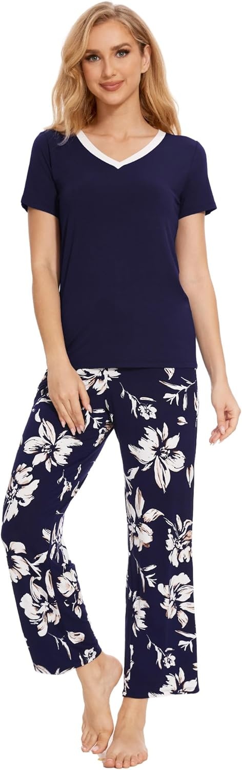 image:imageGYS Womens Bamboo Viscose Pajama Sets Cooling Short Sleeve Sleepwear for Hot Sleepers Silky Soft Summer Vneck Lounge PjsNavy Flowers