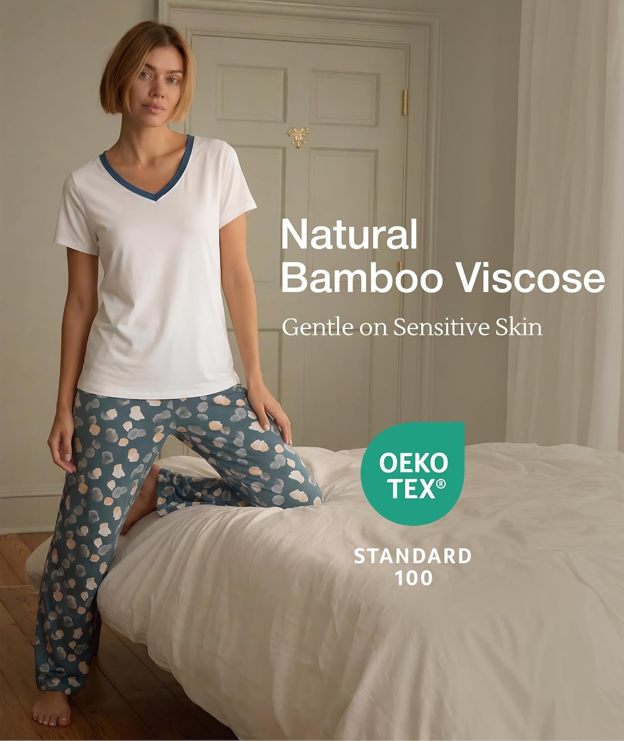 image:imageGYS Womens Bamboo Viscose Pajama Sets Cooling Short Sleeve Sleepwear for Hot Sleepers Silky Soft Summer Vneck Lounge PjsOcean Green