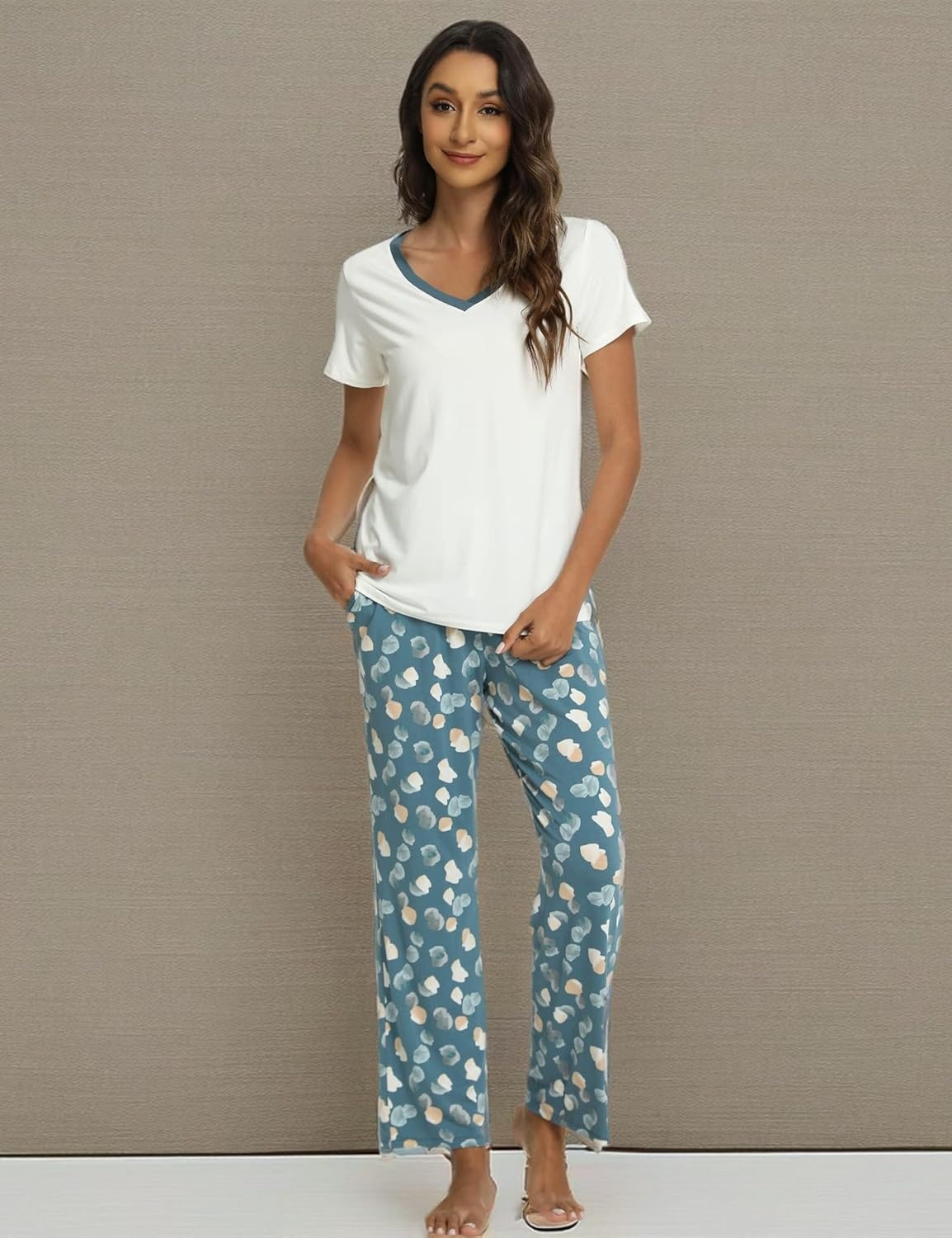 image:imageGYS Womens Bamboo Viscose Pajama Sets Cooling Short Sleeve Sleepwear for Hot Sleepers Silky Soft Summer Vneck Lounge PjsOcean Green