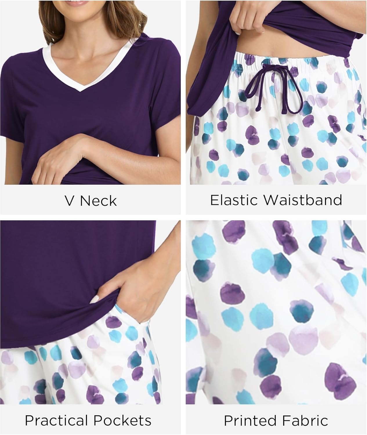 image:imageGYS Womens Bamboo Viscose Pajama Sets Cooling Short Sleeve Sleepwear for Hot Sleepers Silky Soft Summer Vneck Lounge PjsPurple Dots