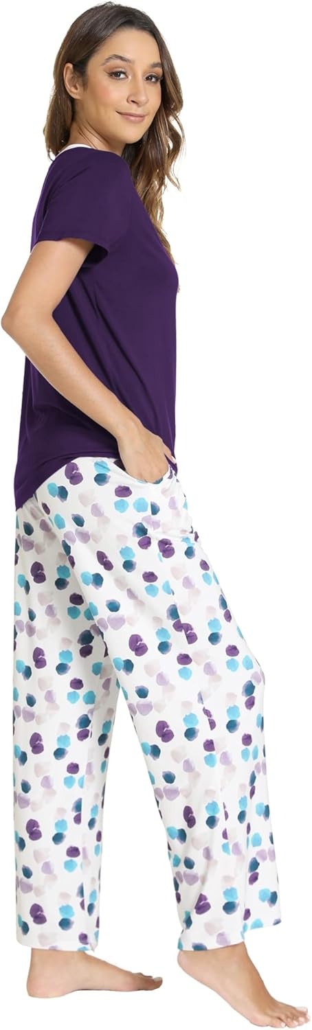 image:imageGYS Womens Bamboo Viscose Pajama Sets Cooling Short Sleeve Sleepwear for Hot Sleepers Silky Soft Summer Vneck Lounge PjsPurple Dots