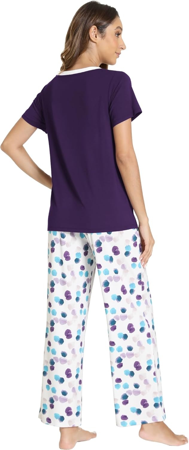 image:imageGYS Womens Bamboo Viscose Pajama Sets Cooling Short Sleeve Sleepwear for Hot Sleepers Silky Soft Summer Vneck Lounge PjsPurple Dots