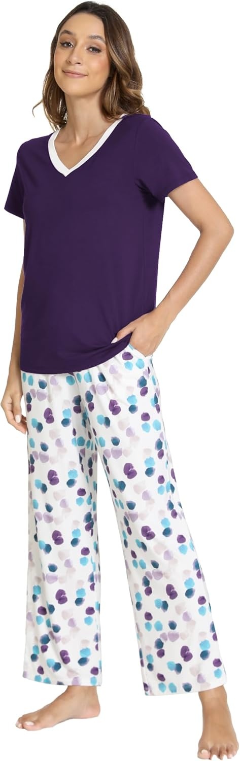 image:imageGYS Womens Bamboo Viscose Pajama Sets Cooling Short Sleeve Sleepwear for Hot Sleepers Silky Soft Summer Vneck Lounge PjsPurple Dots